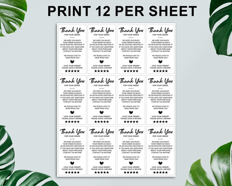 May include: Twelve black and white thank you cards for your order. Each card includes the text "Thank You for your order" and a message expressing appreciation for the customer's business. The cards also include a request for a review and a five-star rating system.