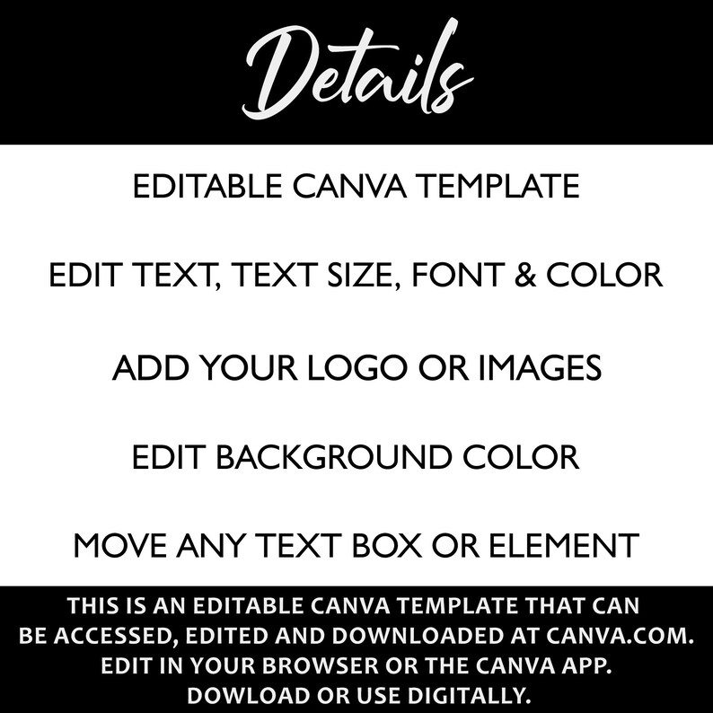 Puede incluir: Plantilla Canva editable con texto que dice "Detalles", "Plantilla Canva editable", "Editar texto, tama&ntilde;o del texto, fuente y color", "Agregar tu logotipo o im&aacute;genes", "Editar color de fondo", "Mover cualquier cuadro de texto o elemento", "Esta es una plantilla Canva editable que se puede acceder, editar y descargar en Canva.com. Edita en tu navegador o la aplicaci&oacute;n Canva. Descarga o usa digitalmente."