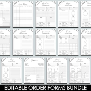 Könnte beinhalten: Ein Satz von 12 druckbaren Bestellformularen für verschiedene Produkte, darunter Tassen, Shirts, Hoodies, Schlüsselanhänger, Aufkleber, Ornamente und mehr. Jedes Formular enthält Abschnitte für Kundeninformationen, Bestelldetails und Preise.