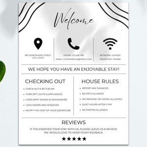 Edytowalny znak powitalny Airbnb, szablon Canva, do druku, Wi-Fi, zasady domu, plakat przyjazdu gości, instrukcja wymeldowania z wynajmu