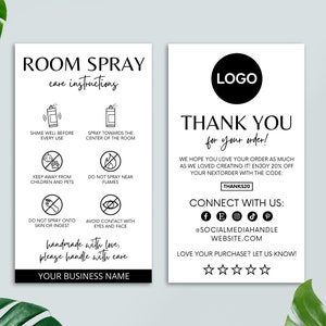 Cartão editável de cuidados com spray de ambiente, cartão de agradecimento imprimível, instruções de cuidados, pequenas empresas, folheto de embalagem, modelo Canva