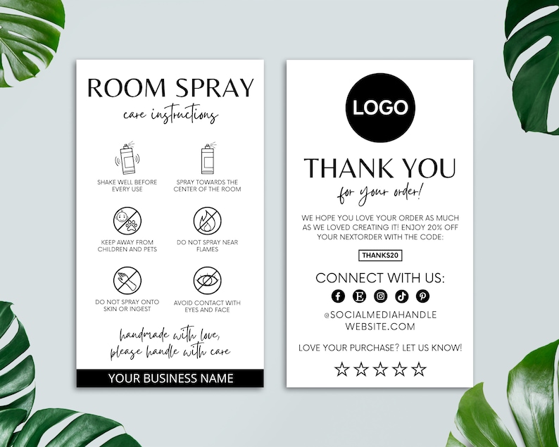 Editable Room Spray Care Card, Printable Thank You Card, Care Instructions, Small Business, Packaging Insert, Canva Template