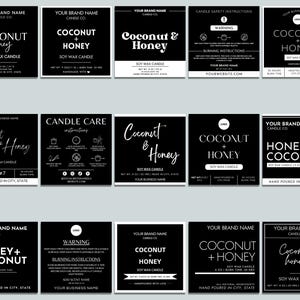 May include: A set of 12 black and white candle label designs featuring the text "Coconut + Honey" and "Honey + Coconut". The labels are for soy wax candles and include information about the candle size, burn time, and hand-poured location.