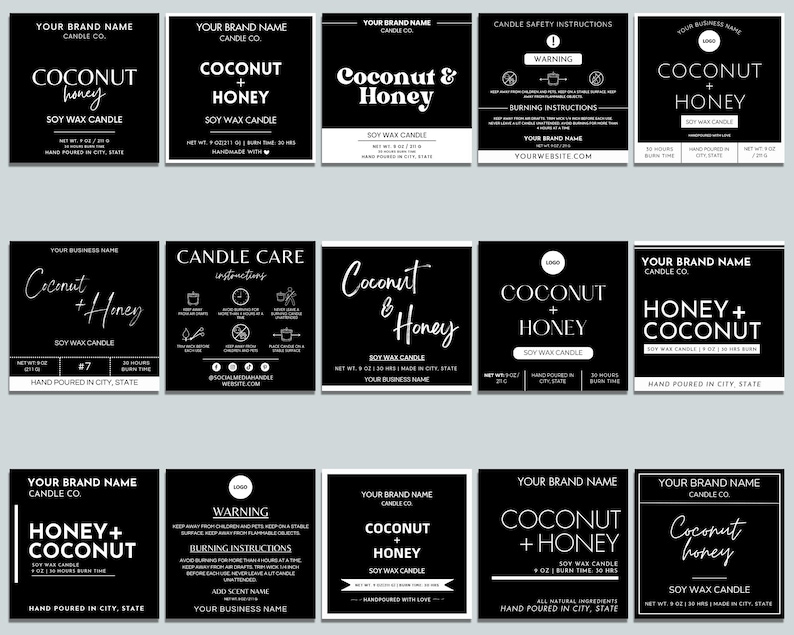 May include: A set of 12 black and white candle label designs featuring the text "Coconut + Honey" and "Honey + Coconut". The labels are for soy wax candles and include information about the candle size, burn time, and hand-poured location.