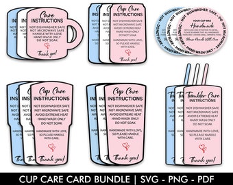 Cup Care Card Bundle, Printable Cup Care Instructions, Skinny Tumbler, Libbey Glass Can, Mug, Washing Instructions, Small Business Supplies