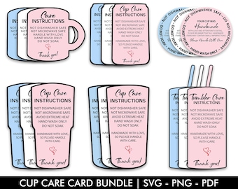 Puede incluir: Un conjunto de instrucciones de cuidado para tazas imprimibles en rosa y azul. Las instrucciones incluyen "No apto para lavavajillas", "No apto para microondas", "Evitar el calor extremo", "Lavar solo a mano" y "No remojar". Las instrucciones también incluyen el texto "Hecho a mano con amor, por favor, manipule con cuidado".