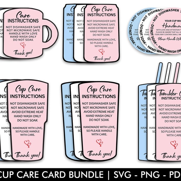 Cup Care Card Bundle, Printable Cup Care Instructions, Skinny Tumbler, Libbey Glass Can, Mug, Washing Instructions, Small Business Supplies