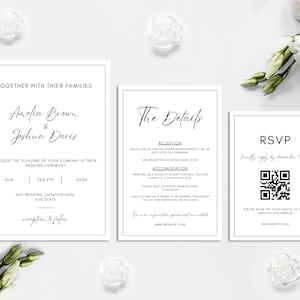 Hochzeitseinladungsvorlagenset, QR-Code Antwortkarte, bearbeitbare Hochzeitseinladungskarte, bedruckbar, minimalistisch, Canva-Vorlage, 001