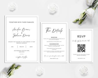 Hochzeitseinladungsvorlagenset, QR-Code Antwortkarte, bearbeitbare Hochzeitseinladungskarte, bedruckbar, minimalistisch, Canva-Vorlage, 001