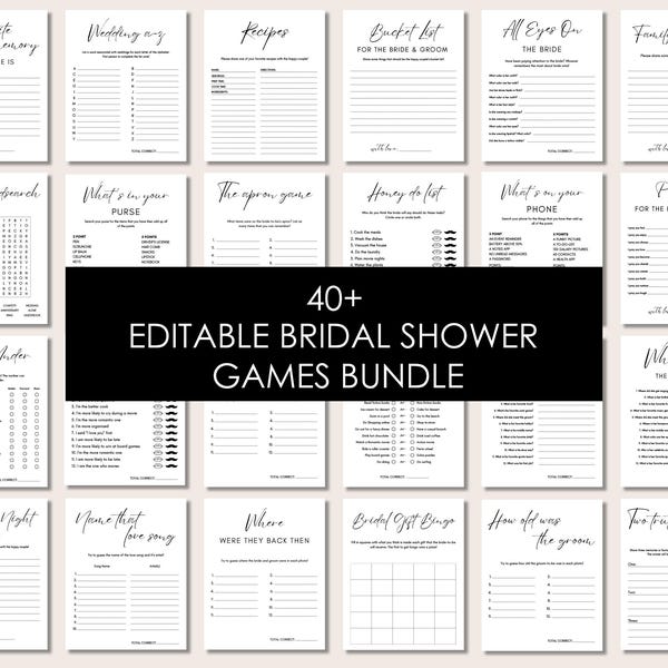 Pode incluir: Um conjunto imprimível de mais de 40 jogos de despedida de solteira editáveis. Os jogos estão organizados em categorias como "Wedding Any", "Recipes", "Bucket List", "All Eyes On The Bride", "Family Traditions", "Bridal Wordsearch", "What's In Your Purse", "The Apron Game", "Honey Do List", "What's On Your Phone", "Prayers", "Over Or Under", "Who Knows The Bride Best", "Your Date Night Ideas", "Name That Love Song", "Where Were They Back Then", "Bridal Gift Bingo", "How Old Was The Groom", "Two Truths And One Lie".
