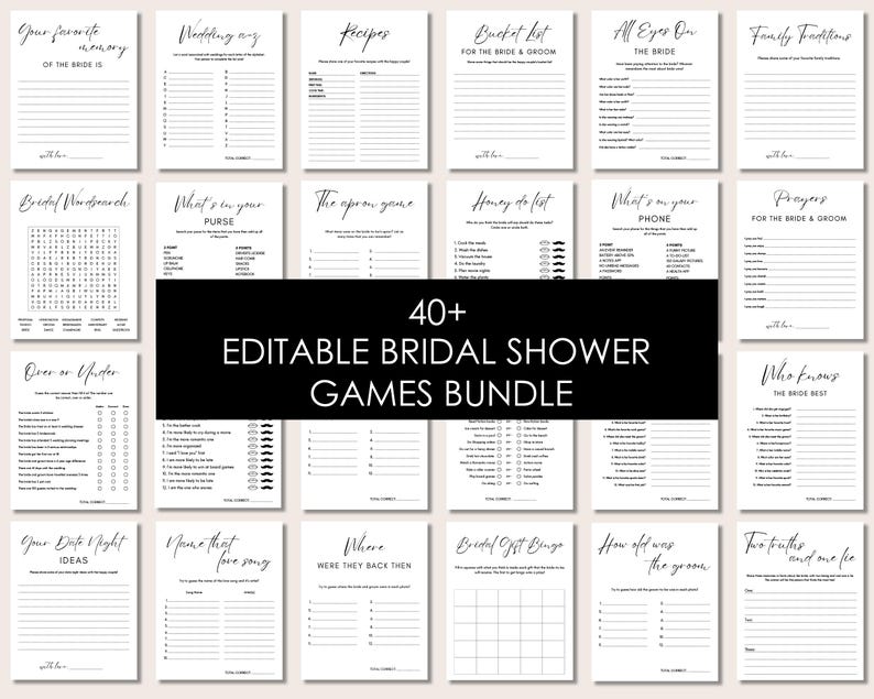 Bridal Shower Games Bundle, Modern Minimalist Bachelorette Party Games, Printable Bridal Shower Table Signs, Editable Canva Template