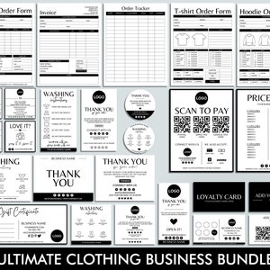 Editable Clothing Business Bundle, Tshirt Order Form, Invoice, Washing Instructions, Neck Tag, Thank You Card, Care Cards, Packaging Inserts