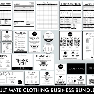 Lot de vêtements modifiables, bon de commande de t-shirts, facture, instructions de lavage, étiquette de cou, carte de remerciement, cartes d'entretien, notices d'emballage