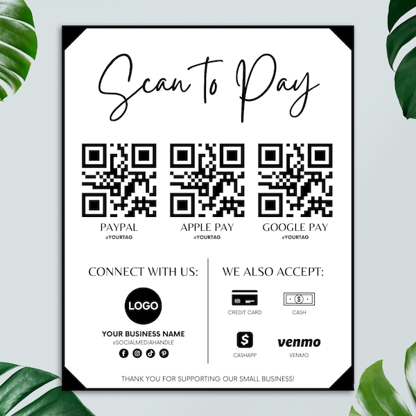 Editable Scan to Pay Sign Template, QR Code Sign, Small Business, DIY Social Media Sign, Printable Payment Sign, Canva Template