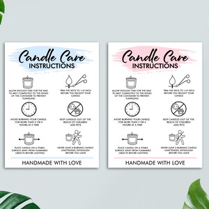May include: Two pink and blue candle care instruction cards with black text and icons. The cards include instructions on how to trim the wick, burn the candle, and store the candle safely. The text on the cards reads "Candle Care Instructions" and "Handmade with Love".