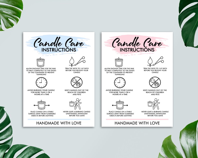 May include: Two pink and blue candle care instruction cards with black text and icons. The cards include instructions on how to trim the wick, burn the candle, and store the candle safely. The text on the cards reads "Candle Care Instructions" and "Handmade with Love".