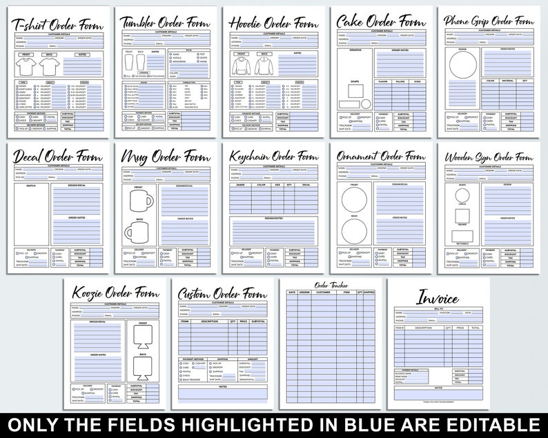 Fillable Order Forms Bundle, Tshirt, Tumbler, Editable Invoice Template, Printable Small Business Forms, Custom Order Form, Craft Order Form