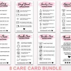 Care Card Bundle, Printable Cup Care Card, PNG, PDF, Vinyl Decal, Shirt, Tumbler, Thank You Card,  Washing Instructions, Instant Download