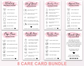 Care Card Bundle, Printable Cup Care Card, PNG, PDF, Vinyl Decal, Shirt, Tumbler, Thank You Card,  Washing Instructions, Instant Download