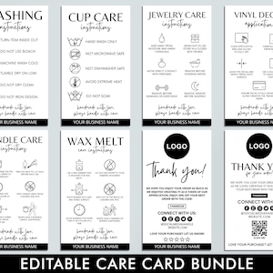 Pacote de cartões de cuidados editáveis, cartão de cuidados com copos para impressão, cartão de agradecimento, instruções de lavagem, decalque de vinil, modelo Canva, encartes de embalagem