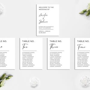 Puede incluir: Cuatro tarjetas de mesa blancas con texto negro. Cada tarjeta tiene un número de mesa, 'Uno', 'Dos', 'Tres' y 'Cuatro', y una lista de nombres para cada mesa. El texto en la tarjeta superior dice 'Bienvenido a la boda de Amelia y Joshua'.