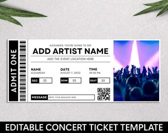 Könnte beinhalten: Editierbare Konzertticket-Vorlage mit einem schwarz-weißen Barcode, einem QR-Code und einem Foto einer Konzertmenge. Der Text auf dem Ticket lautet "ADMIT ONE", "ADD ARTIST NAME", "ADD THE EVENT LOCATION HERE", "NAME", "ALEXANDER", "DATE", "AUGUST 7, 2022", "TIME", "09:30 PM", "SEC", "02", "ROW", "03", "SEAT", "20", "MESSAGE", "WRITE YOUR MESSAGE HERE".