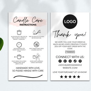 Editable Candle Care Instructions Card, Thank You Card, Small Business, Printable Candle Safety Card, Canva Template, Packaging Insert