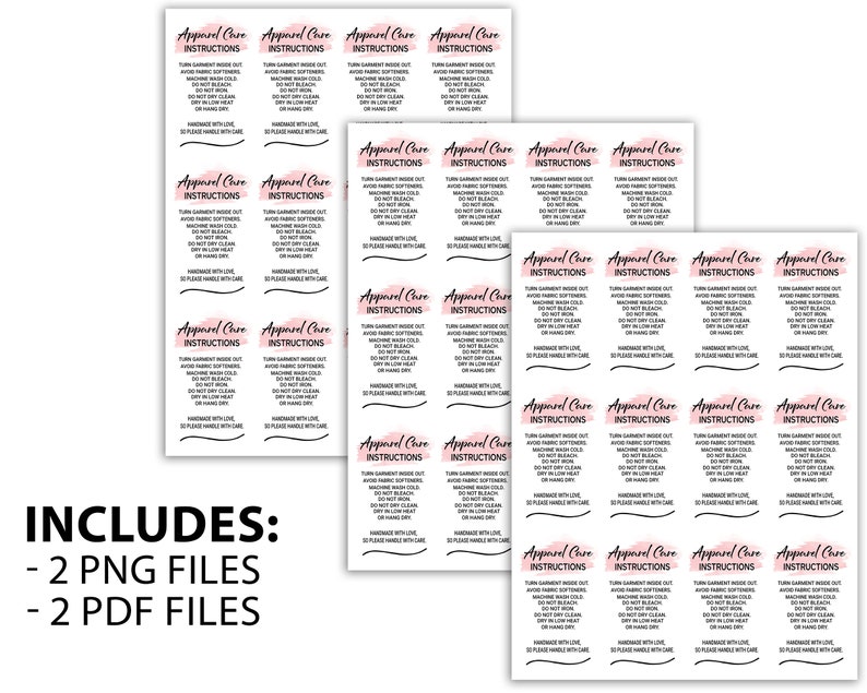 May include: A set of 20 printable pink and black apparel care instructions labels. The labels include instructions for turning garment inside out, avoiding fabric softeners, machine washing cold, not bleaching, tumble drying low, and handling with care. The labels are designed for use on clothing, accessories, and other handmade items.
