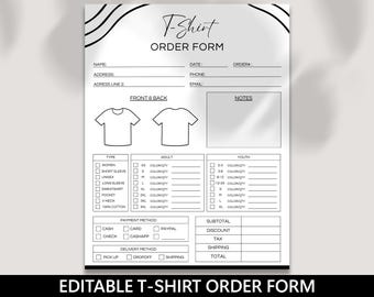 T-Shirt Order Form, Editable Canva Template, Small Business, Printable, Purchase Order Form, Instant Download, Craft Order Form