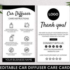 Könnte beinhalten: Eine schwarz-weiße Autodiffusor-Pflegekarte mit Anweisungen und einer Dankesbotschaft. Die Karte enthält ein Logo, Social-Media-Handles und einen Rabattcode. Die Karte hat auch einen Abschnitt für den Firmennamen.