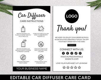 Modern Car Diffuser Care Card, Editable Canva Template, Printable Thank You Card, Care Instructions Guide, Package Insert, Instant Download