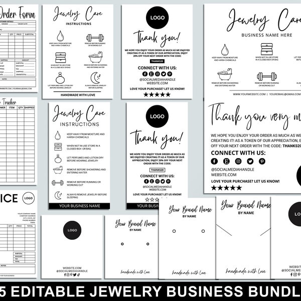 Jewelry Business Bundle, Editable Jewelry Care Instructions, Necklace Display Card, Order Form, Thank You Cards, Jewellery Packaging