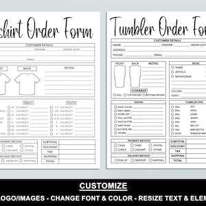 Editable Order Forms Bundle, Tshirt, Tumbler, Invoice Template, Editable Canva Template, Printable Small Business Forms, Custom Order Form