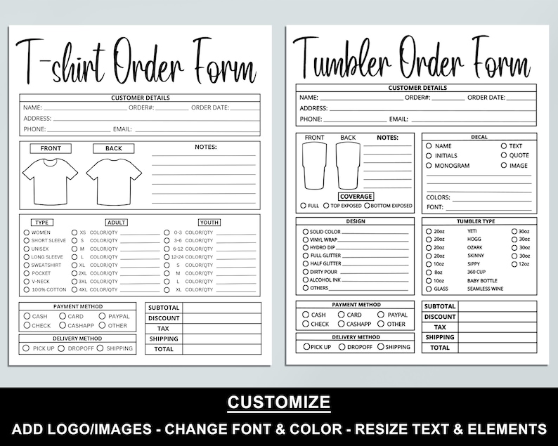 Editable Order Forms Bundle, Tshirt, Tumbler, Invoice Template, Editable Canva Template, Printable Small Business Forms, Custom Order Form