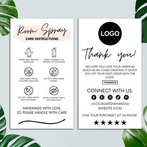 Modelo de cartão de cuidados com spray de ambiente editável, cartão de agradecimento imprimível, instruções de cuidados, pequenas empresas, encarte de embalagem, faça você mesmo, modelo Canva