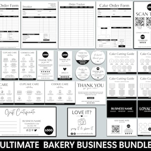 Bearbeitbares Kuchen-Business-Bundle, Bestellformular, Dankeskarte, Anleitung zum Schneiden von Kuchen, QR-Code-Zeichen, Pflegeanweisungen, Lebensmitteletikett, Verpackungseinsatz
