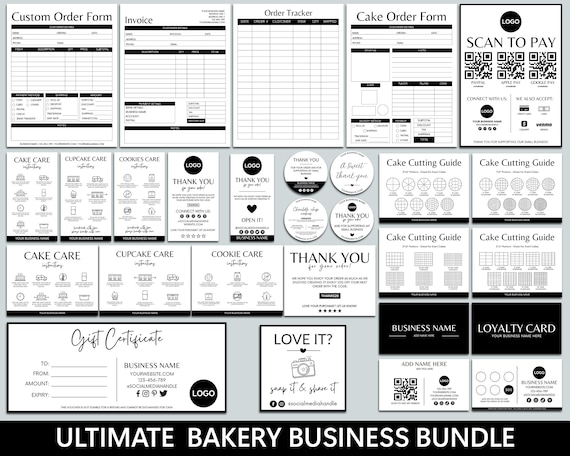 Editable Cake Business Bundle, Order Form, Thank You Card, Cake Cutting Guide, QR Code Sign, Care Instructions, Food Label, Packaging Insert
