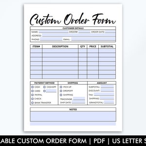 Fillable Order Form, Editable Order Form, Printable Small Business Form, Craft Order Form, PDF, Digital File, Instant Download