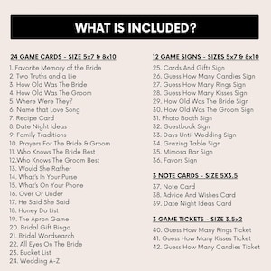 May include: A list of items included in a wedding game package. The list includes 24 game cards, 12 game signs, 3 note cards, and 3 game tickets. The game cards are 5x7 and 8x10 inches. The game signs are 5x7 and 8x10 inches. The note cards are 5x3.5 inches. The game tickets are 3.5x2 inches.