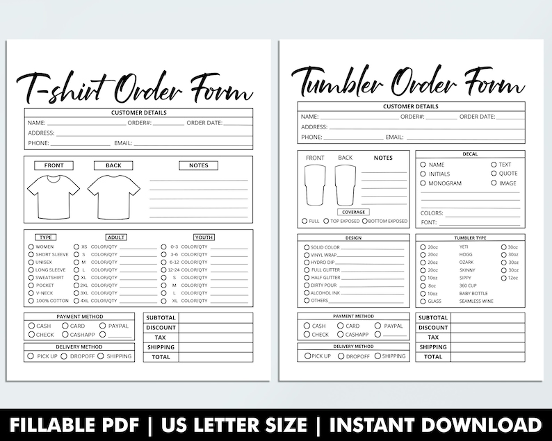 Fillable Order Forms Bundle, Tshirt, Tumbler, Editable Invoice Template, Printable Small Business Forms, Custom Order Form, Craft Order Form