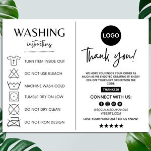 Cartão de instruções de lavagem editável, cartão de agradecimento para impressão, cartão de cuidados com roupas, modelo Canva, encarte de embalagem para pequenas empresas