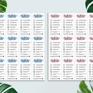 May include: A set of 16 candle care instruction cards. The cards are printed with black text on a white background. The cards are divided into two sets of eight, with each set having a different color border. The first set has a light blue border, and the second set has a light pink border. The cards include instructions for burning candles, such as trimming the wick, burning for a certain amount of time, and keeping candles away from drafts. The cards also include the text "Handmade with Love".