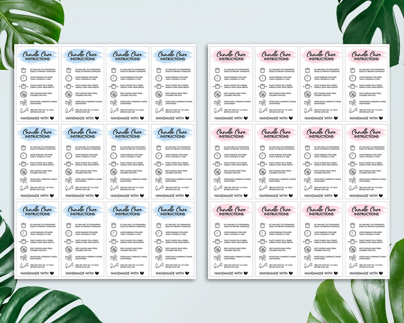 May include: A set of 16 candle care instruction cards. The cards are printed with black text on a white background. The cards are divided into two sets of eight, with each set having a different color border. The first set has a light blue border, and the second set has a light pink border. The cards include instructions for burning candles, such as trimming the wick, burning for a certain amount of time, and keeping candles away from drafts. The cards also include the text "Handmade with Love".
