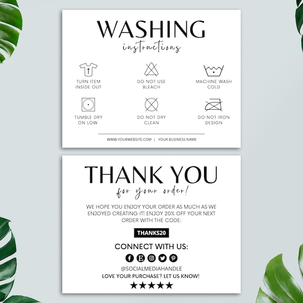 Editable Clothing Care Card Template, Washing Instructions, Canva Template, Shirt Care, Printable Thank You Card, Tshirt Packaging Insert