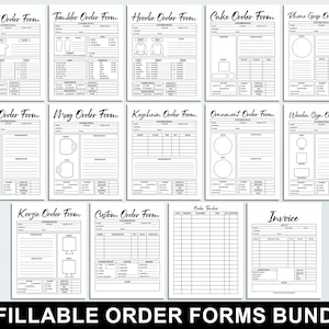 May include: A set of 14 printable order forms for various products, including t-shirts, tumblers, hoodies, cakes, phone grips, decals, mugs, keychains, ornaments, wooden signs, koozies, and custom items. The forms include sections for customer details, order information, and pricing.