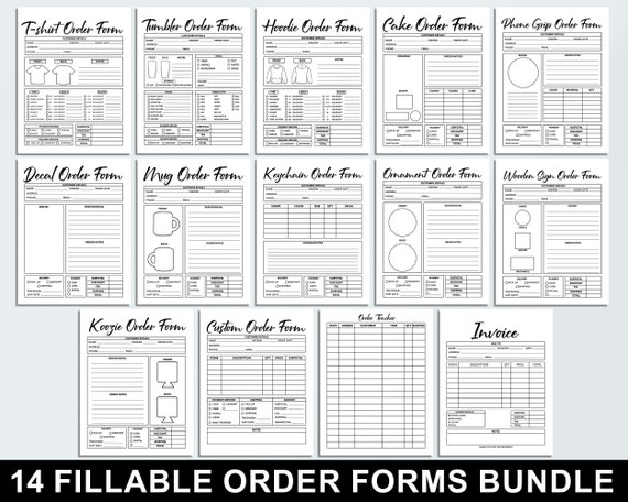 Fillable Order Forms Bundle, Tshirt, Tumbler, Editable Invoice Template, Printable Small Business Forms, Custom Order Form, Craft Order Form