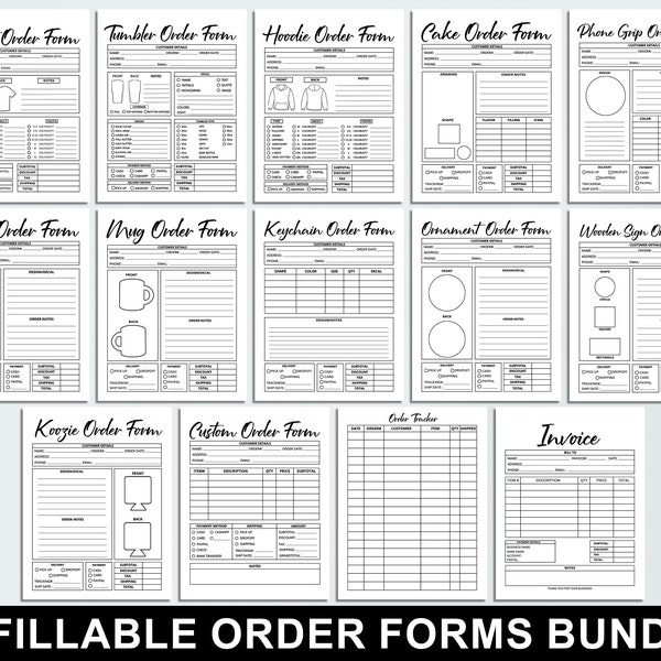 Fillable Order Forms Bundle, Tshirt, Tumbler, Editable Invoice Template, Printable Small Business Forms, Custom Order Form, Craft Order Form