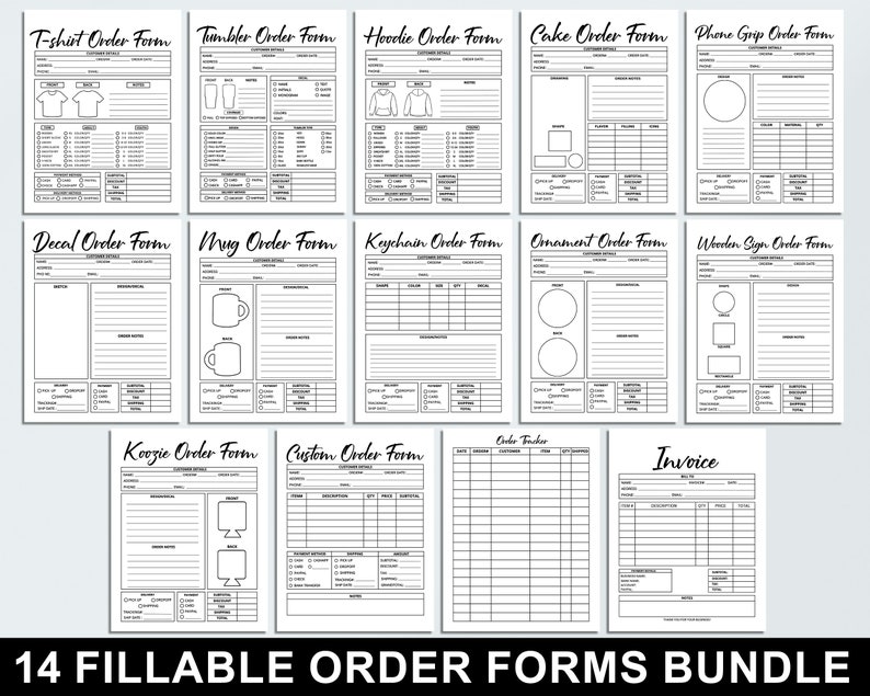 Fillable Order Forms Bundle, Tshirt, Tumbler, Editable Invoice Template, Printable Small Business Forms, Custom Order Form, Craft Order Form
