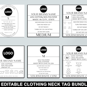 Paquete de etiquetas de ropa editables, etiquetas para el cuello de camisetas, etiquetas para el cuidado de prendas hechas a mano, etiquetas de ropa personalizadas, instrucciones de lavado, plantilla de Canva