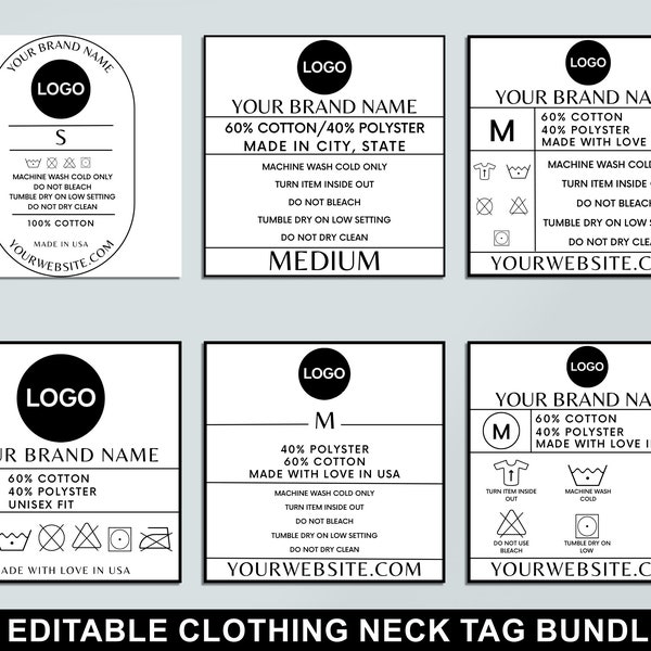 Editable Clothing Tag Bundle, T-shirt Neck Label Tag, DIY Garment Care Tag, Custom Clothing Tags, Washing Instructions, Canva Template